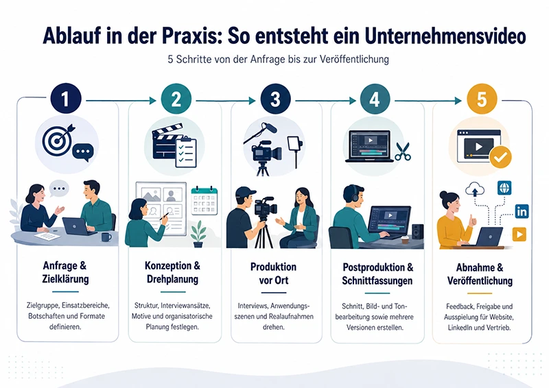 Ablauf einer Unternehmensvideo Produktion von Anfrage und Zielklärung bis Abnahme und Veröffentlichung