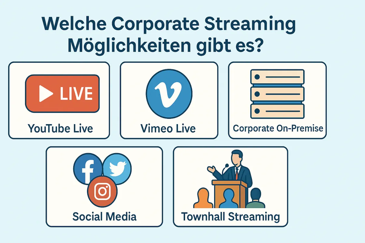 Hybrides Livestreaming im wissenschaftlichen Bereich - HHU Düsseldorf 5 Infografik mit fünf Kästchen: „YouTube Live“, „Vimeo Live“, „Corporate On-Premise“, „Social Media“ und „Townhall Streaming“.