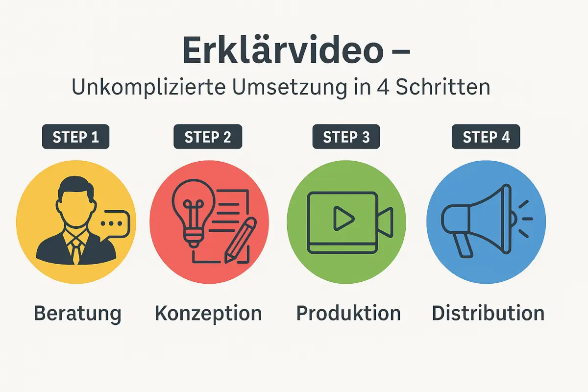 Erklärvideos Vor und Nachteile – Funktionen, Kosten & Tipps 11 Infografik „Erklärvideo – Unkomplizierte Umsetzung in 4 Schritten“ im 1,33:1-Format mit vier farbigen Kreisen: Schritt 1 „Beratung“ (gelber Kreis mit Sprechblasen-Icon), Schritt 2 „Konzeption“ (roter Kreis mit Glühbirne und Skript-Icon), Schritt 3 „Produktion“ (grüner Kreis mit Kamera-Icon) und Schritt 4 „Distribution“ (blauer Kreis mit Megafon-Icon).