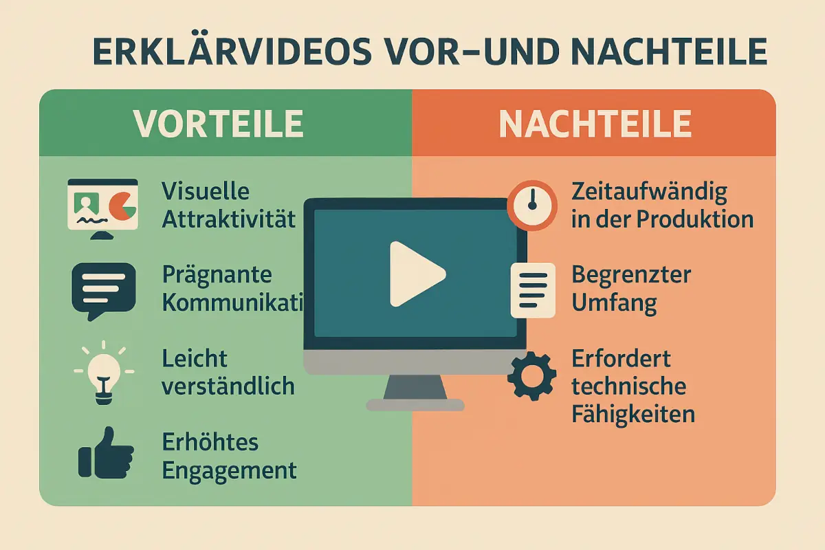 Erklärvideos Vor und Nachteile – Funktionen, Kosten & Tipps 12 Infografik „Erklärvideos – Vor und Nachteile“ ohne Figur zeigt links grüne Icons mit Vorteilen (z. B. erhöhte Aufmerksamkeit, bessere Verständlichkeit) und rechts rote Icons mit Nachteilen (z. B. hoher Produktionsaufwand, technische Anforderungen) rund um einen zentralen Monitor mit Play-Button. Erklärvideos Vor und Nachteile im Überblick