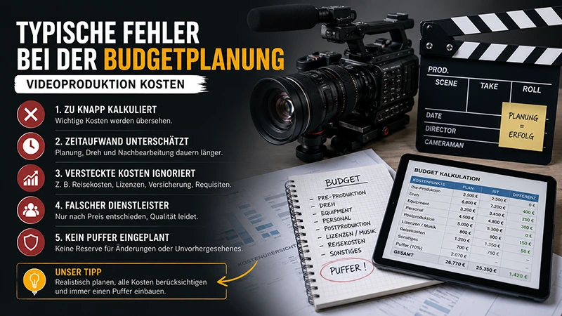 Infografik zu typischen Fehlern bei der Budgetplanung einer Videoproduktion mit Kamera, Filmklappe und Budgetkalkulation für Unternehmensvideos.