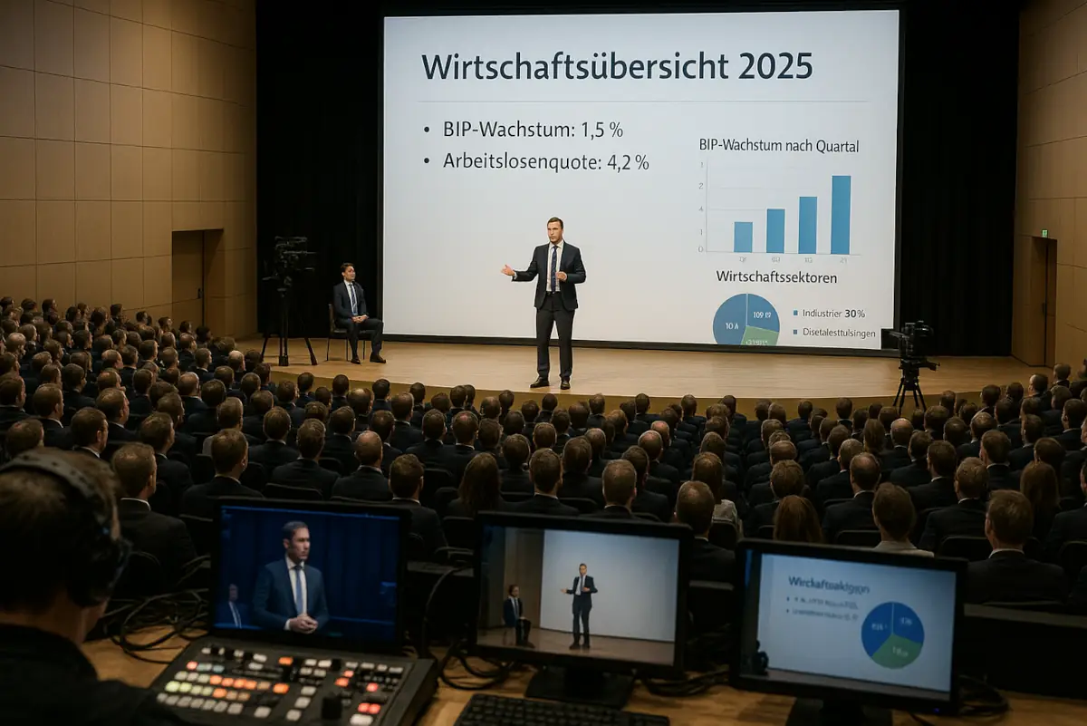 Hybrides Event vor und Nachteile Fotorealistische Aufnahme hybride Veranstaltung aus der Regieperspektive in einem großen Konferenzsaal. Im Vordergrund ein Technikpult mit Monitoren und Steuergeräten, dahinter ein Toningenieur mit Kopfhörern. Im Hintergrund zahlreiche Zuschauer in Reihen, alle blicken auf die Bühne. Auf der Bühne steht ein Moderator im Anzug neben einer großen Leinwand mit einer PowerPoint-Folie „Wirtschaftsübersicht 2025“ (BIP-Wachstum 1,5 %, Arbeitslosenquote 4,2 %, Balken- und Kreisdiagramm). Links und rechts der Bühne stehen Kameras, die das Programm für die Online-Zuschauer übertragen.