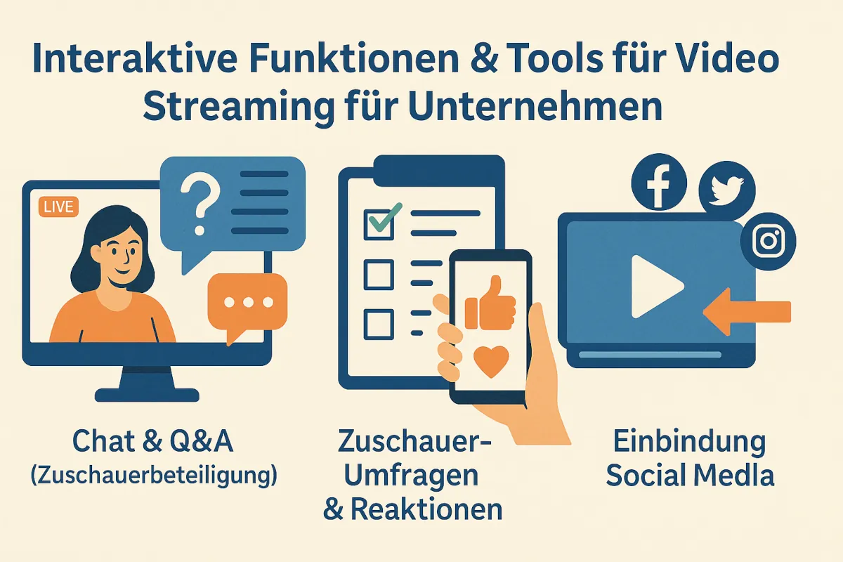 nteraktive Infografik mit Symbolen für Chat & Q&A, Zuschauer-Umfragen & Reaktionen sowie Einbindung von Social Media in den Unternehmens-Stream.