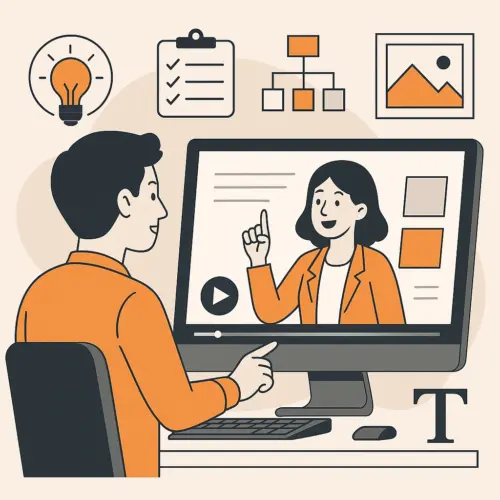 Animierte Erklärvideos 4 Illustration zur Bedeutung von Konzeption und gezielter Bildsprache für die Wirkung eines animierten Erklärvideos – mit Figur am Schreibtisch, Storyboard und Videovorschau zur Visualisierung der professionellen Erklärvideo-Erstellung.