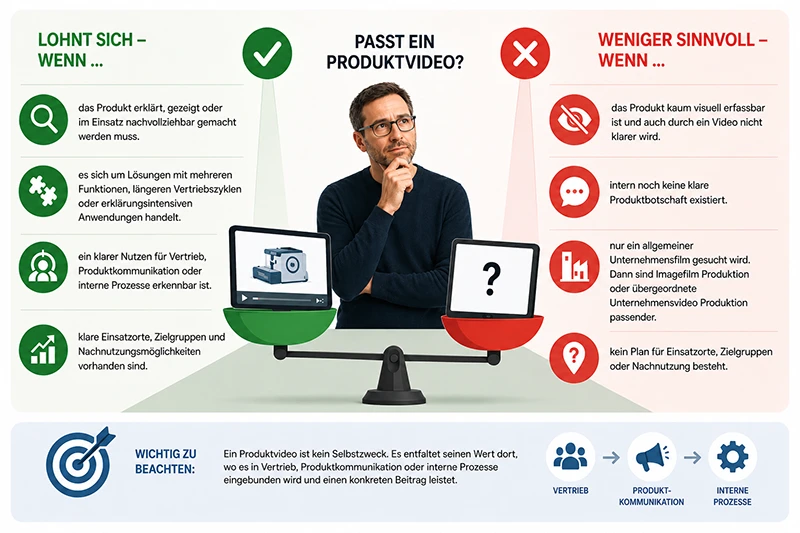 Infografik zur Produktvideo Produktion: Wann sich ein Produktvideo für B2B-Vertrieb, Produktkommunikation und interne Prozesse lohnt und wann es weniger sinnvoll ist.