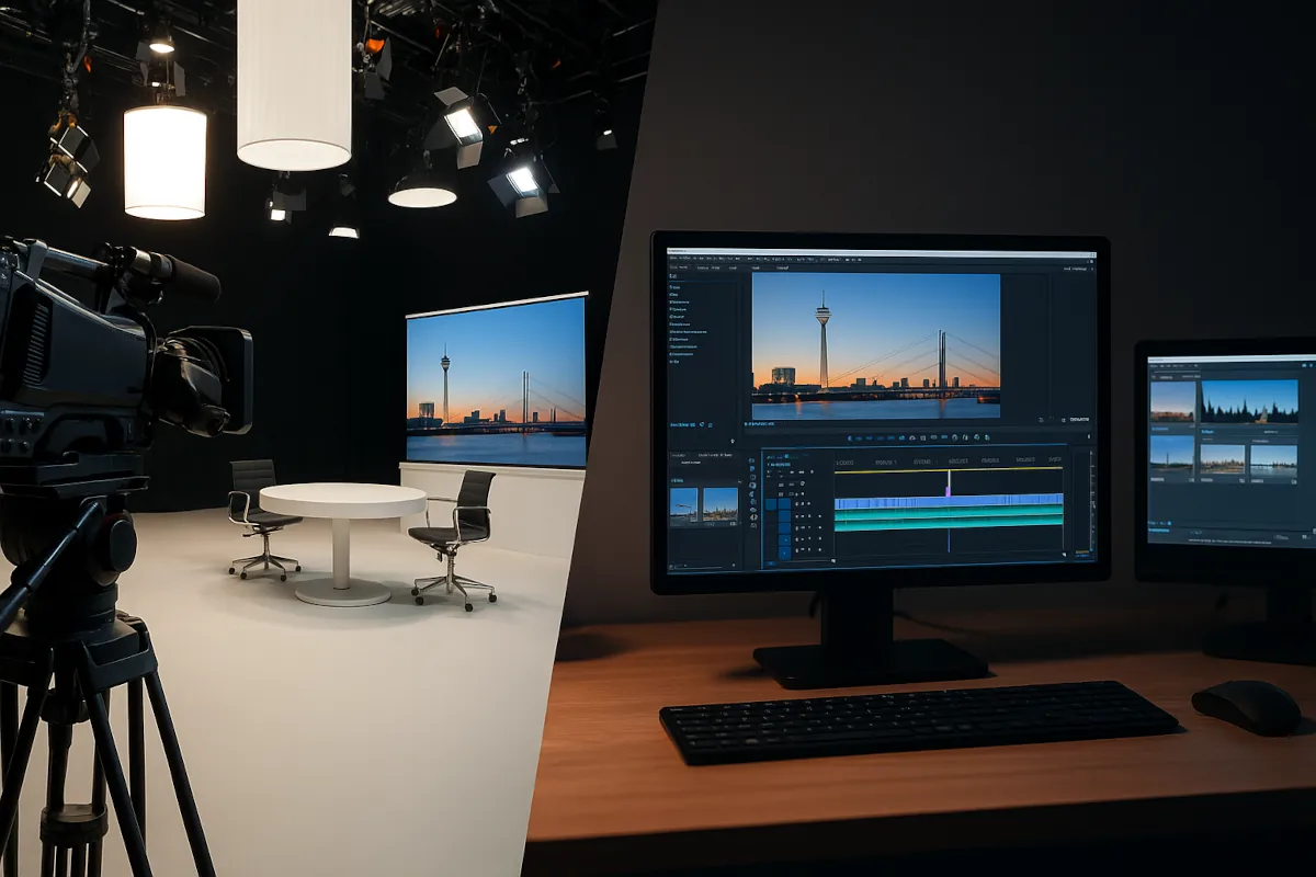 Postproduktion und Studioproduktion mit Videokamera und Skyline von Düsseldorf – professionelle Videobearbeitung für medizinische Inhalte.
