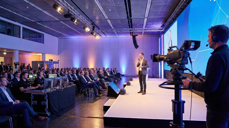 Professioneller Kameramann filmt einen Sprecher auf der Bühne eines hybriden Events, als visuelles Beispiel für das Thema Veranstaltung live streamen – B2B Guide.