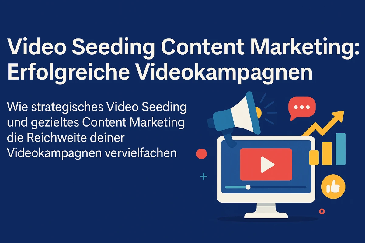 Video Seeding Content Marketing: Erfolgreiche Videokampagnen 1 lustration zu „Video Seeding Content Marketing“ mit Megafon, Videoplayer und Social-Media-Symbolen als visuelle Darstellung einer erfolgreichen Video Kampagne.
