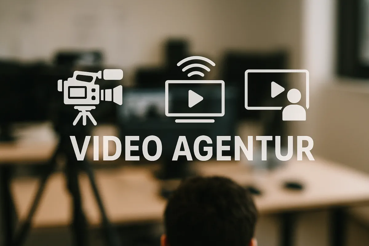 Glasbeschriftung einer modernen Videoagentur mit Icons für Kamera, Streaming und Videokommunikation – passend zu Themen wie Erklärvideo, Videoproduktion, Imagefilm, Videomarketing, E-Learning und Lernvideos.