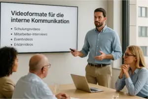Hybridmeeting in modernem Konferenzraum mit Live-Videoproduktion für interne Kommunikation; Mitarbeiter:innen verfolgen aufmerksam einen Livestream mit Präsentation – Beispiel für professionelle Videoproduktion, Livestreaming und Erklärvideoeinsatz in Unternehmen.