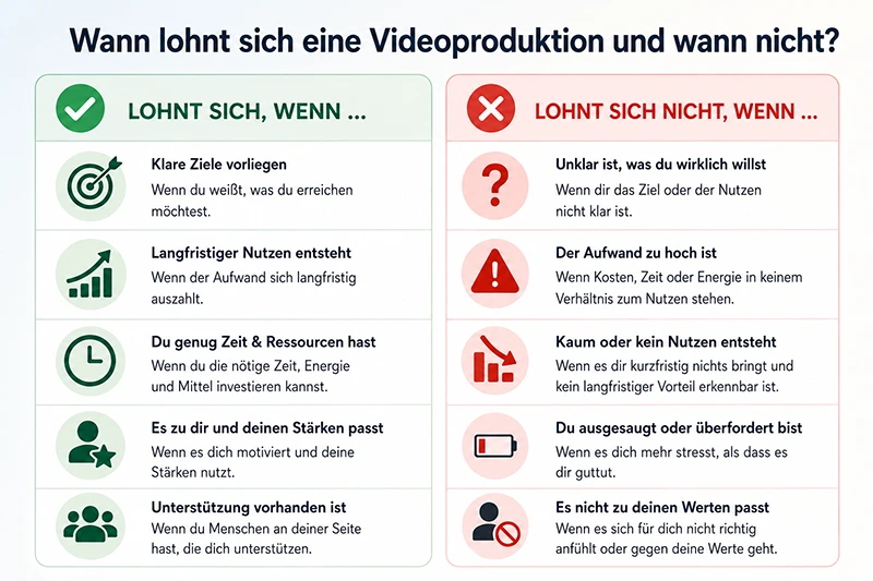Infografik: Wann sich eine Videoproduktion für Unternehmen lohnt und wann nicht – Vergleich von Nutzen, Zielen, Budget und Aufwand.