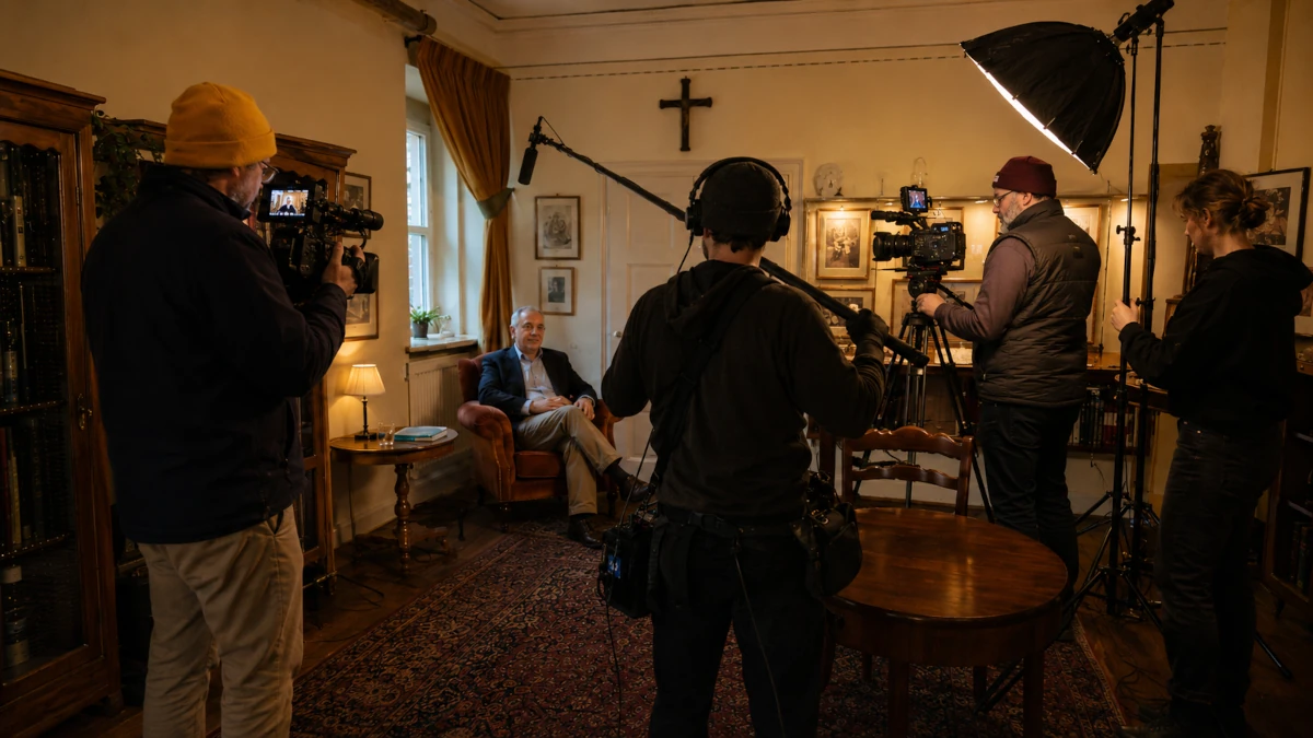 Professionelles Filmset einer Videoproduktion Agentur bei der Aufnahme eines Imagevideos mit Interviewgast, zwei Kameramännern, Tontechniker mit Tonangel und Studiobeleuchtung in einem klassisch eingerichteten Raum.