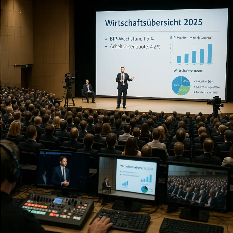 Hybride Veranstaltungen – Formate, Vor- und Nachteile 1 Fotorealistische Aufnahme einer hybride veranstaltung, hybrides event aus der Regieperspektive in einem großen Saal: Im Vordergrund ein voll ausgestattetes Technikpult, dahinter zahlreiche Zuschauer. Auf der Bühne steht ein Moderator neben einer Leinwand mit der Folie ‚Wirtschaftsübersicht 2025‘ (BIP-Wachstum, Arbeitslosenquote, Diagramme). Kameras links und rechts übertragen die hybride Veranstaltung live.