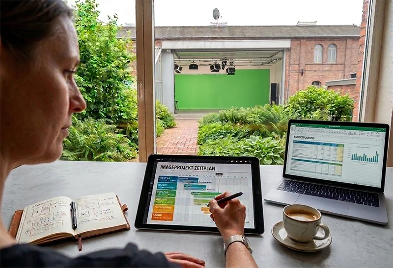 Konzeption und Budgetplanung für einen Imagefilm mit Tablet, Laptop und Blick auf ein Hinterhof-Studio mit Greenscreen