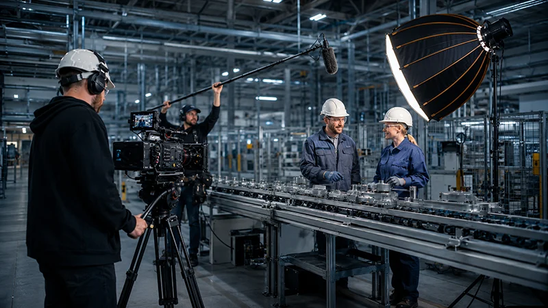 Professionelle Imagefilm Produktion mit Kamerateam bei einem Unternehmensdreh in einer Industriehalle