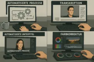 Imagevideo Produktion 4 KI Prozesse Videoproduktion: Collage zeigt Automatisierte Prozesse, Transkription, Automatisierte Untertitel und KI-gestützte Farbkorrektur in der Postproduktion.