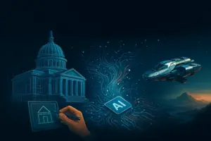 Imagevideo Produktion 3 KI Visualisierung komplexer Konzepte: Chip mit "AI"-Symbol, futuristisches Raumschiff, Datennetzwerk und historisches Gebäude.