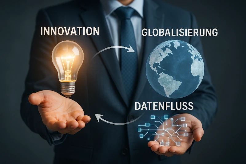 Imagevideo Produktion 2 Konzepte visualisieren: Geschäftsmann präsentiert leuchtende Glühbirne (Innovation), Weltkugel (Globalisierung) und Datenfluss-Diagramm.