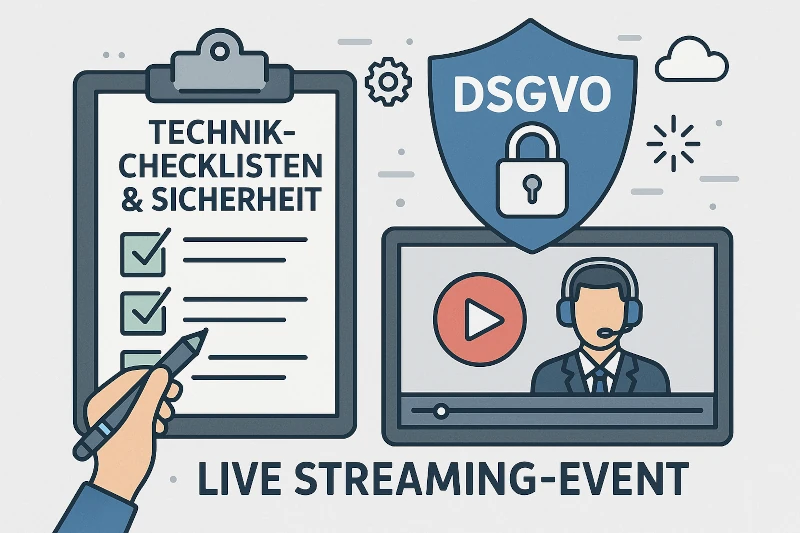 Live Streaming Agentur 21 Illustration: Technik-Checklisten, Sicherheitsschild mit DSGVO-Schloss und Live-Streaming-Event mit Moderator. Hände kreuzen Checkpunkte ab.