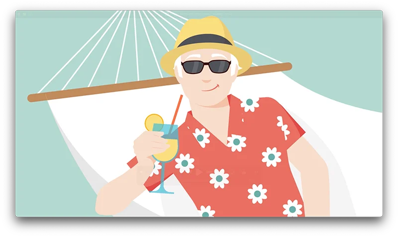 Animierte Figur mit Sonnenbrille und Strohhut entspannt in einer Hängematte und hält ein Getränk.