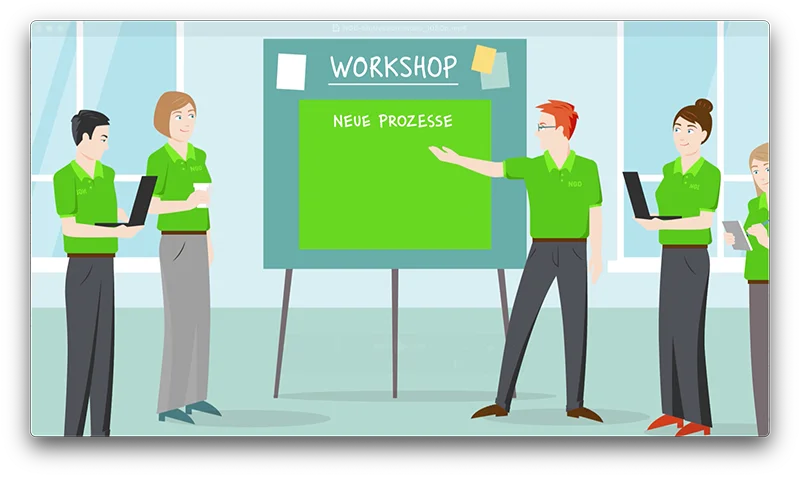 Animierte NGD-Mitarbeitende besprechen in einem Workshop neue Prozesse vor einer Präsentationstafel.