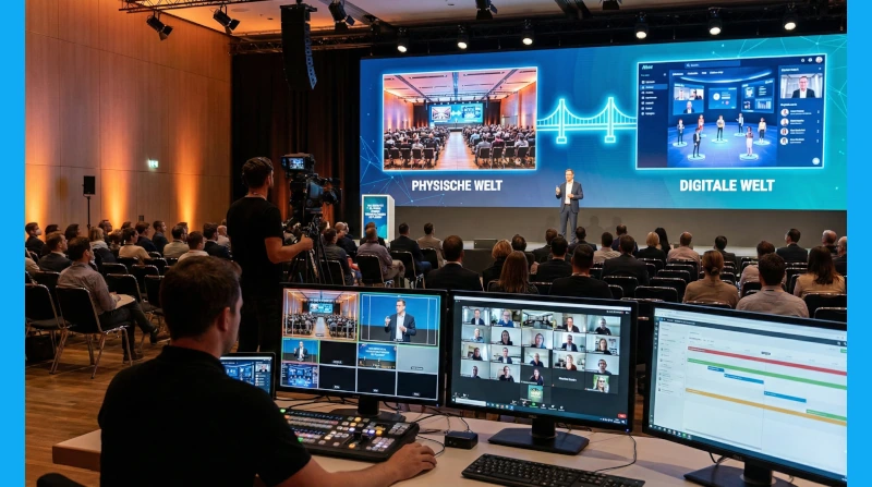 in Techniker am Regiepult überwacht die Live-Übertragung einer hybriden Veranstaltung. Auf der großen Bühnenleinwand ist ein Redner zu sehen sowie eine Grafik, die eine Brücke zwischen "PHYSISCHE WELT" und "DIGITALE WELT" darstellt, was das Konzept hybrider Veranstaltungen visualisiert.
