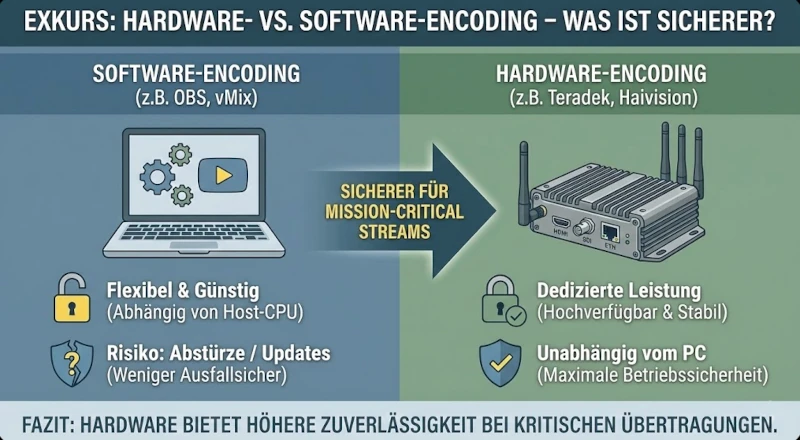 Infografik: Vergleich zwischen Software-Encoding (z.B. OBS) und Hardware-Encoding (z.B. Teradek) für Livestreaming-Sicherheit. Hardware-Encoder bieten höhere Zuverlässigkeit für mission-critical Streams, während Software flexibler aber anfälliger für Abstürze ist.