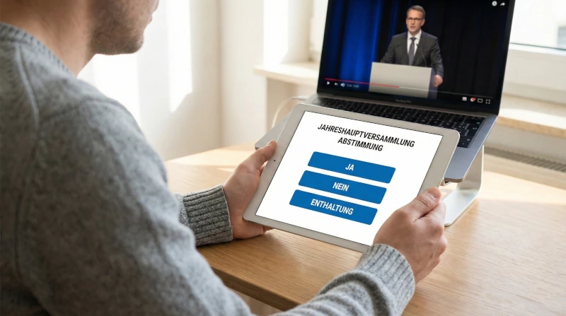 Aktionär im Home Office nutzt ein Tablet zur digitalen Abstimmung (Ja/Nein/Enthaltung) während einer virtuellen Hauptversammlung, im Hintergrund läuft der Live-Stream des Vorstands auf dem Laptop.