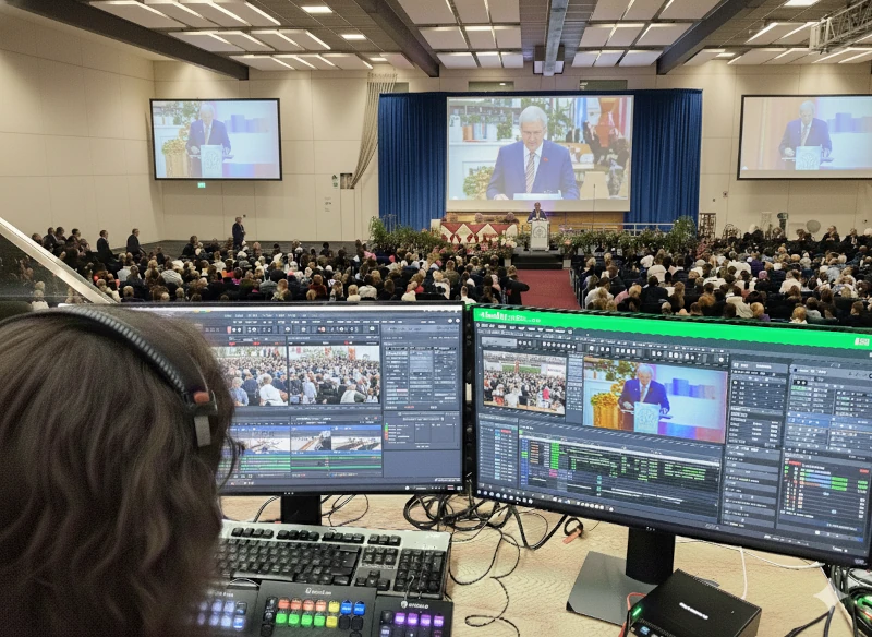 Live Streaming Agentur 19 Eine Person sitzt vor zwei Computermonitoren und einer Tastatur mit Bedienfeld und steuert eine Live-Übertragung. Auf den Monitoren ist die Großansicht einer Hauptversammlung zu sehen, die auch auf einer großen Leinwand im Hintergrund gezeigt wird. Ein Redner steht auf einer Bühne vor einem großen Publikum in einem Saal.